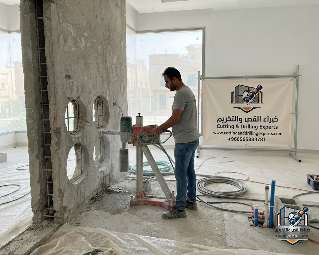 فتح كور خرسانة بحي الروضة جدة لتمديدات المكيفات والسباكة والكهرباء باستخدام الكور الماسي بدقة احترافية